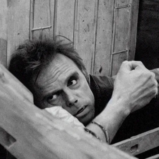 Prompt: michael biehn hiding from enemies behind a crate, 1 9 8 7, movie still