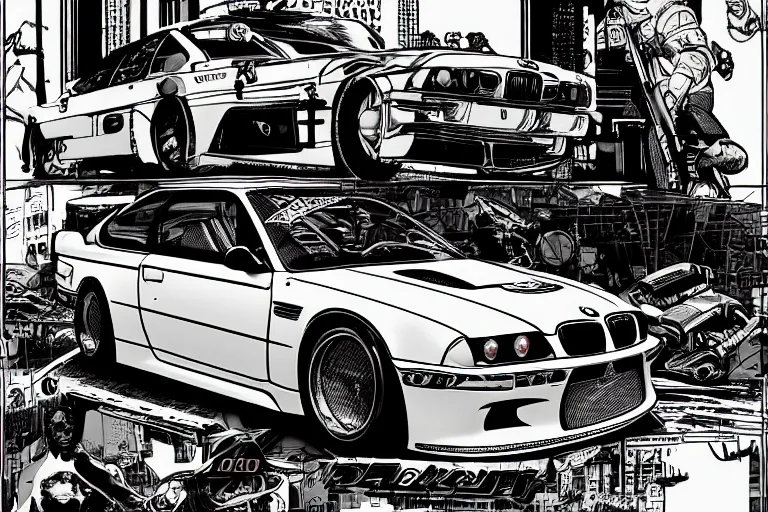 Image similar to bmw m 3 gtr, a page from cyberpunk 2 0 2 0, style of paolo parente, style of mike jackson, adam smasher, johnny silverhand, 1 9 9 0 s comic book style, white background, ink drawing, black and white