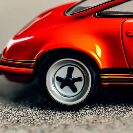 Image similar to close up photo of a small toy porsche 9 1 1 9 6 4 on a road stripe, cinematic, shallow dof, 3 5 mm, 4 k, macro