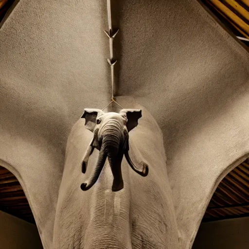 Prompt: elephant hanging like a bat under the roof