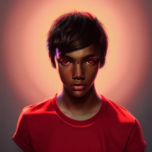 Image similar to colorful and festive captivating teenager with straight brown hair covering his eye, dark skin, big lips, big eyes, wearing a red t - shirt. rich vivid colors, ambient lighting, dynamic lighting, 4 k, atmospheric lighting, painted, intricate, highly detailed by charlie bowater