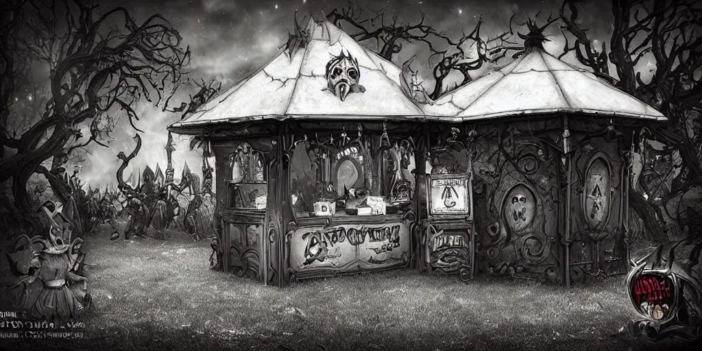 Prompt: a dark fantasy side view of a creepy evil carnival circus ticket booth, tim burton, world of warcraft, league of legends