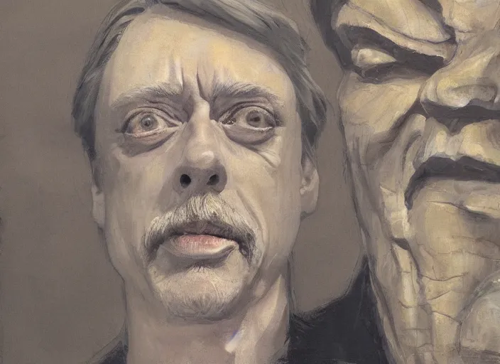 Image similar to a highly detailed beautiful portrait of the face of steve buscemi carved in a stone mountain, by gregory manchess, james gurney, james jean. wide landscape.