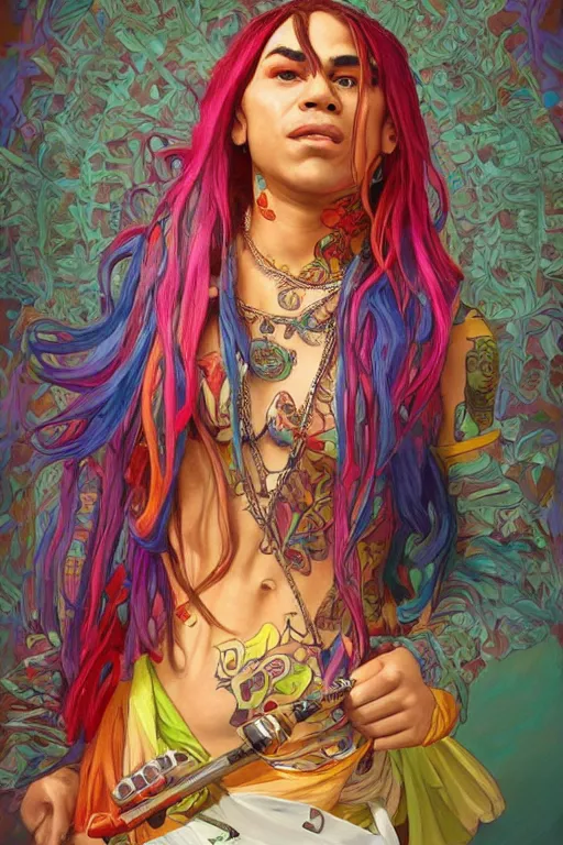 Prompt: colorful cottagecore tekashi 6ix9ine holding a microphone. intricate, elegant. highly detailed, digital painting, artstation, concept art, smooth, sharp, focus, illustration. . art by artgerm and greg rutkowski and alphonse mucha