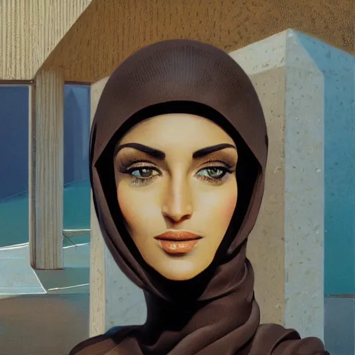 Image similar to detailed face of an arabic woman, travertine and stainless steel courtyard, terrazzo, tectonic sky, skydome, reactor, utopian, tech noir, wet reflections, prism, atmospheric, ambient, pj crook, syd mead, livia prima, artgerm, greg rutkowski, nick alm, casey baugh