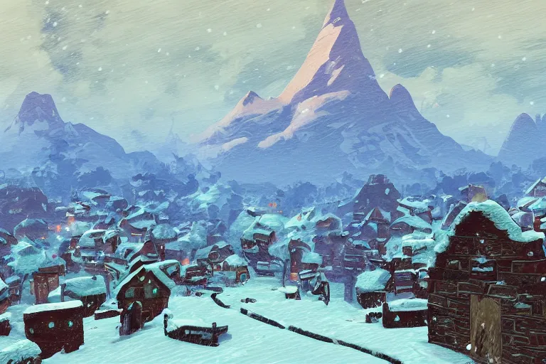 Image similar to snowy Landscape and a village in the background in the style of zelda breath of the wild