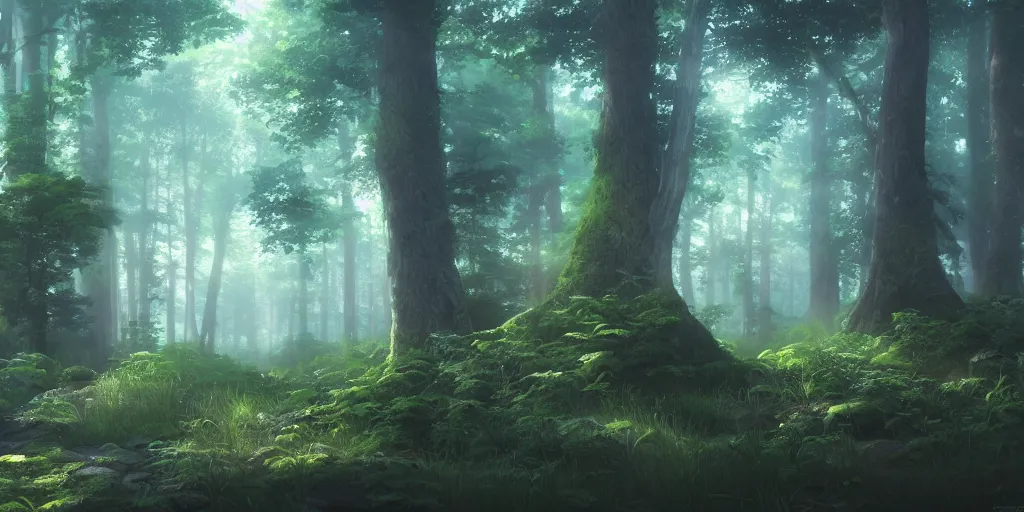 Prompt: a forest, cinematic angle, studio Ghibli, volumetric lighting, digital art, artstation, detailed oil painting, hyperrealistic, 8k