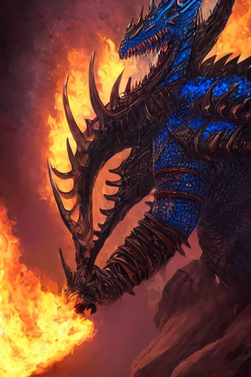 Image similar to a dark blue dragonborn with large tusks, half of his face flaming with blue flame, he wears a black dragon scales armor, D&D art