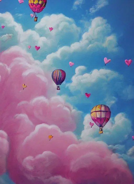 Prompt: detailed painting that is beautiful and whimsical with cotton candy clouds and balloon hearts and flowers inside