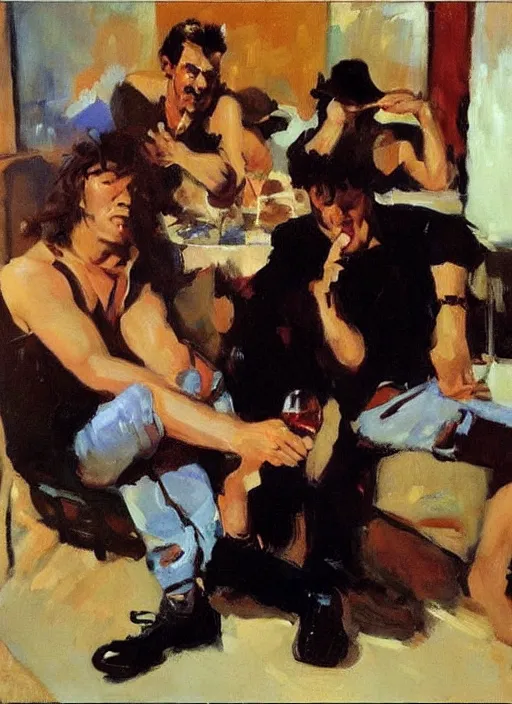 Image similar to glam rocker drinking brutal and raw wine with his friends by joaquin sorolla, phil hale, greek style