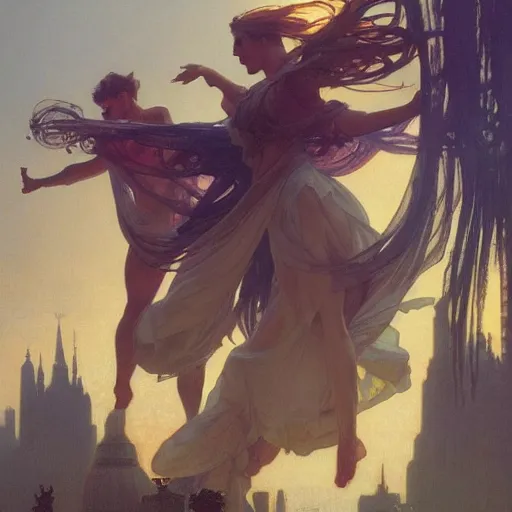 Image similar to concept art, air dancers by farmer's market, 8 k, by james gurney, greg rutkowski, and john howe, background of the sky at dusk by alphonse mucha, artstation