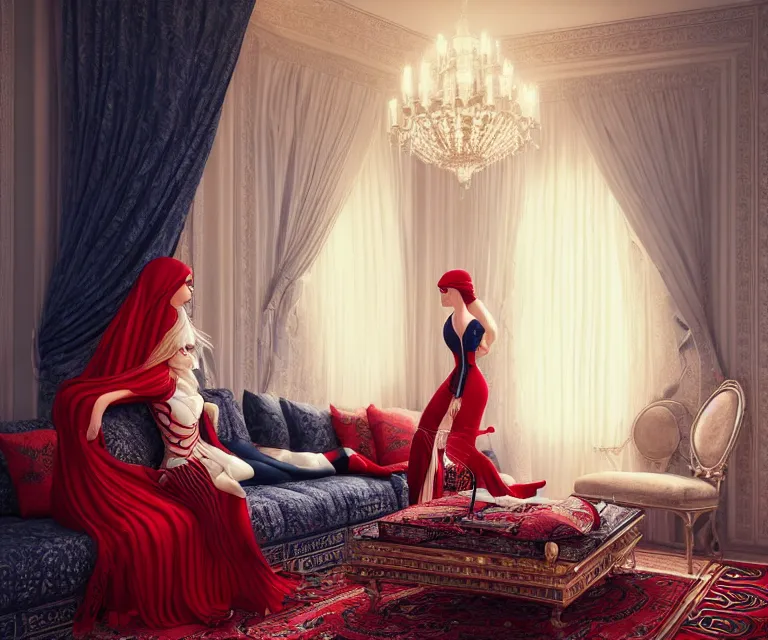 Prompt: arabic living room by charlie bowater and anna dittmann and artgerm and clemens ascher, intricate, elegant, red and white and navy blue, highly detailed, dramatic lighting, sharp focus, octane render, trending on artstation, artstationhd, artstationhq, unreal engine, 4 k, 8 k