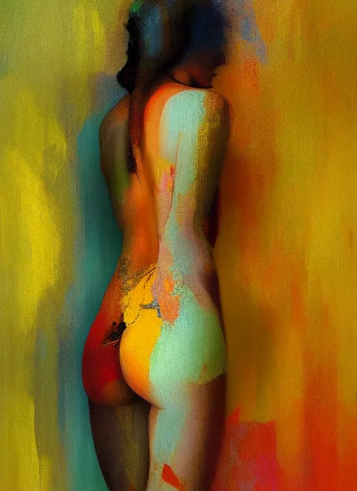 Prompt: a beautiful glitched painting by christian hook and alex kanevsky of a woman in a bathroom, still life, warm colors