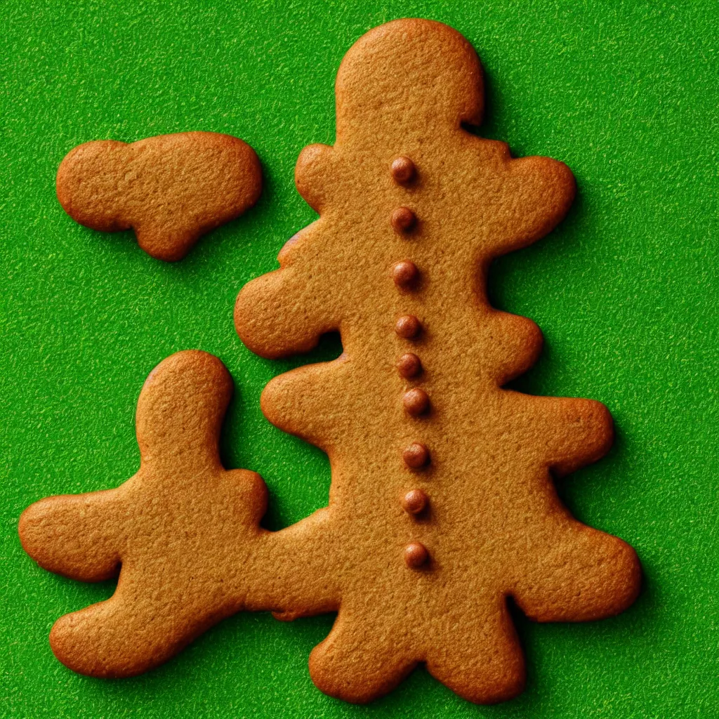 Image similar to top-down view of a cute gingerbread man on top of a green surface, 8k, high detail, photorealistic, proper shading