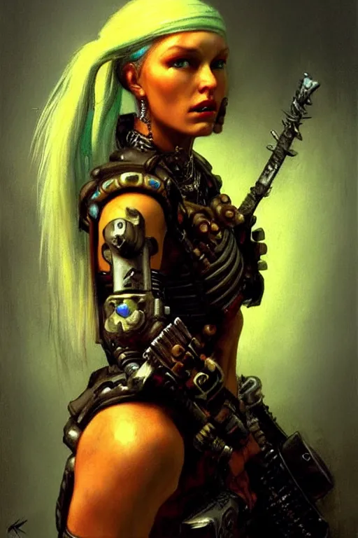 Image similar to character portrait cyberpunk warhammer 4 0 k, warrior marine the girl with the pearl earring character design, painting by gaston bussiere, katsuya terada, frank frazetta, tom of finland, trending on artstation