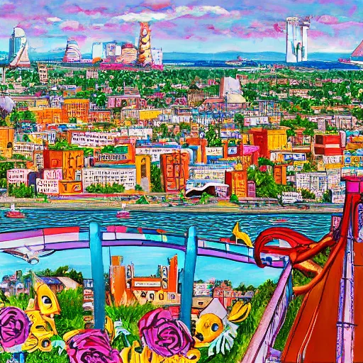 Prompt: Alice riding atop the Cheshire Cat, flying over Portland Maine, city skyline, highly detailed painting