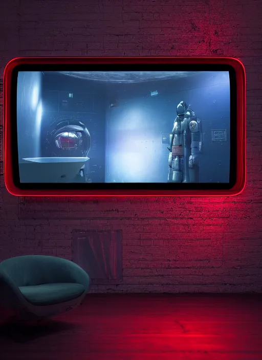 Image similar to photorealism of monitor on the wall of a room of a spacecraft with user interface display, red tones, biomechanical, ads concert rock, high resolution, hyper realistic sci fi realistic, octane render, hyper realistic, ambient lighting, blade runner film style, canon eos ef 5 0 mm.