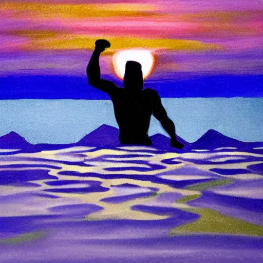 Prompt: purple sunset with a real black silhouette of a demonic walking on water, the sky falls to the ground, high detail