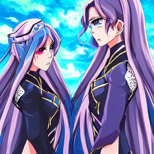 Image similar to two identical beautiful female mages facing off, gorgeous anime art