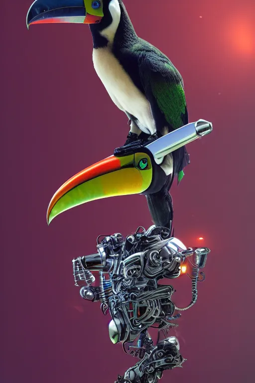 Image similar to a telephoto of a cyborg toucan, dynamic pose, chrome parts, glowing power source, intricate details, intricately detailed textures, warm lighting, vivid colors, realistic octane render, hyper realistic render, volumetric shading, depth of field, raytracing, 8 k,