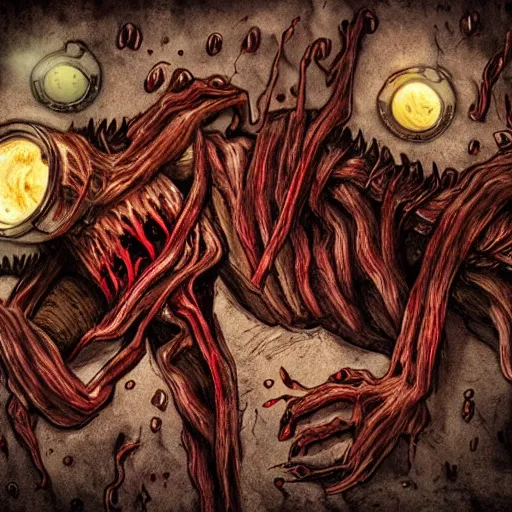 Image similar to !dream Scary monster in the style of the game Dead Space, scary, nasty, blood, flesh, bones, sinew, dark, scary, depressing, flashlight, fear , realism, realistic photo