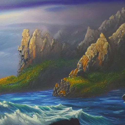 Image similar to Realm between the mountains and the sea, fantasy, oil painting, extra detailed