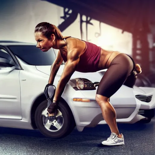 Image similar to sweaty muscular female lifting a car, photorealistic