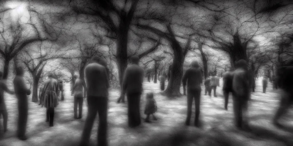 Image similar to love, groups of people in infrared, from behind, rebirth, wide angle, cinematic atmosphere, elaborate, highly detailed, dramatic lighting