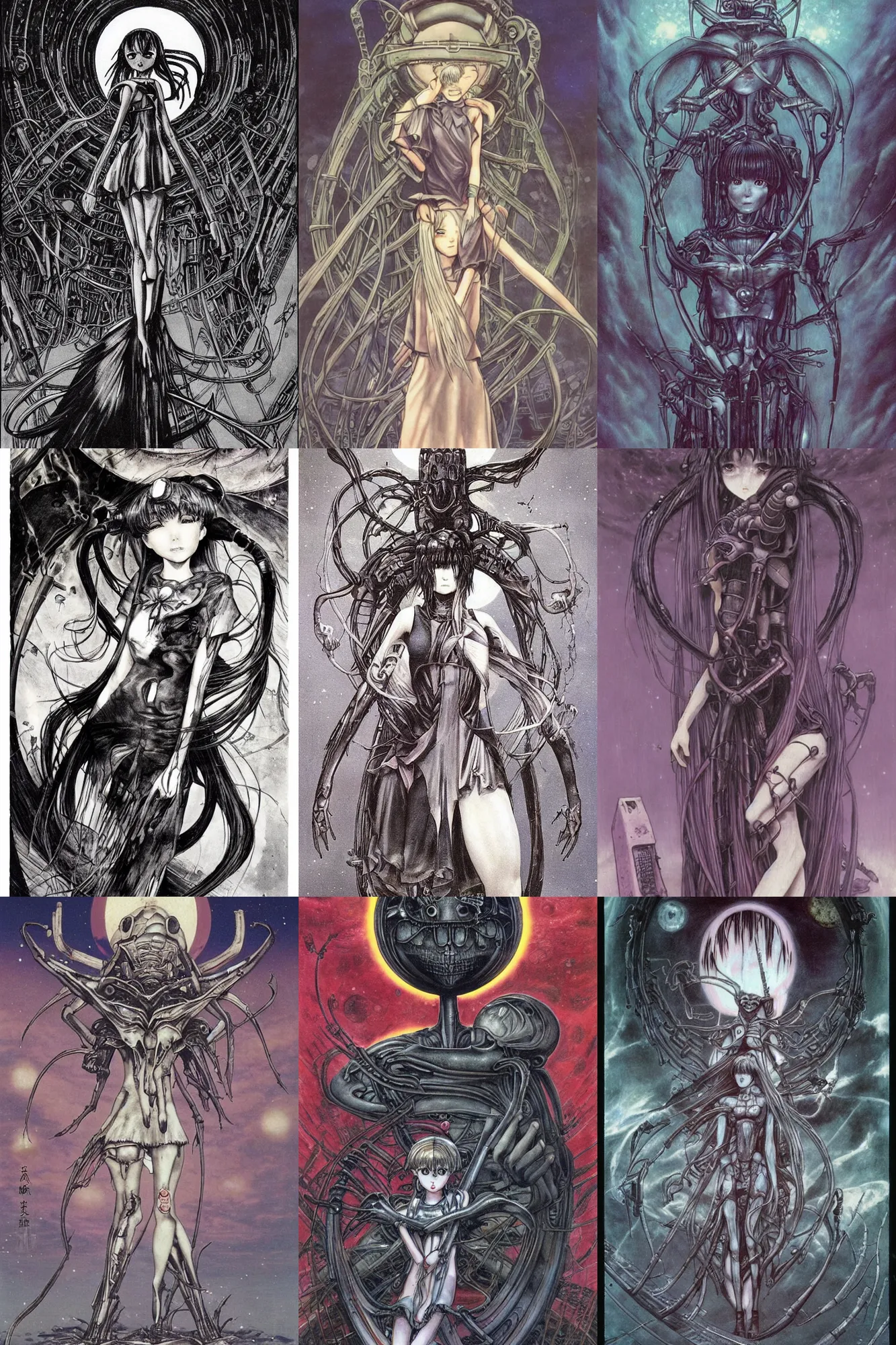 Prompt: h. r. giger!!!! inspired sailor moon!!!, japanese girl school uniform, waterhouse, gloomy, dark scifi, in the style of naoko takeuchi, yoshitaka amano!!!!!! chris foss and alan lee, zdzislaw beksinski, ruan jia beautiful!