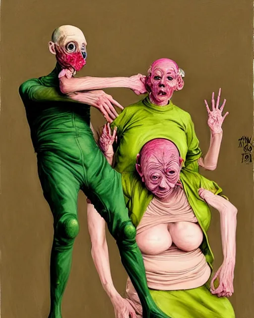 Image similar to two skinny old people with extra limbs, wearing gas masks and robes of gold, green and pink, during a biohazard apocalypse, cinematic, dystopian, eerie, horror, gothic, highly detailed painting by Jenny Saville, Esao Andrews, Francis Bacon, !!!Edward Hopper!!! surrealism, art by Takato Yamamoto and !, !!James Jean!!!