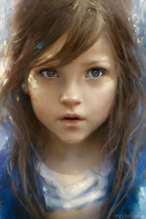 Prompt: a little girl with wavy light brown hair and blue eyes. beautiful painting by raymond swanland, beautiful detailed face.