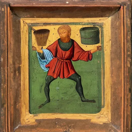 Prompt: a completely green man swinging a frying pan, medieval painting