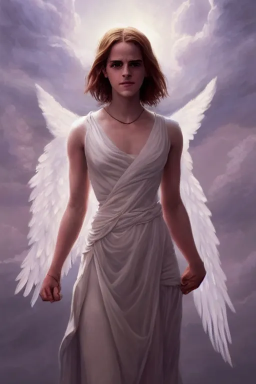 Prompt: emma watson as a heavenly angel, anatomy, only two hands, highly detailed, digital painting, artstation, concept art, smooth, sharp focus, illustration, unreal engine 5, 8 k, art by art by artgerm and greg rutkowski and edgar maxence