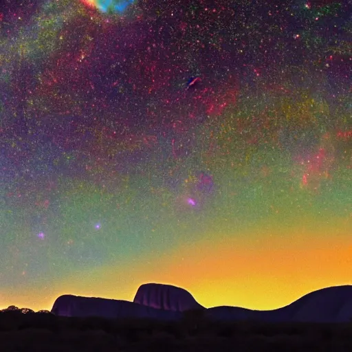 Image similar to terence mckenna, up close at uluru, smoking a cigar, stars, in the style of psychedelic surrealism, 4 k