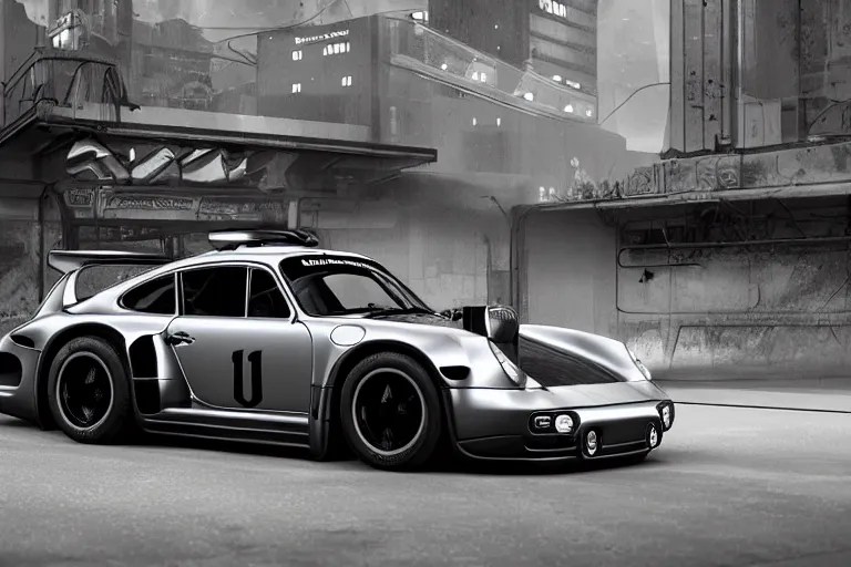 Image similar to porsche 9 5 9 rwb cyberpunk race car sitting on the side of the road, back to the future flux capacitor, a hyper - futuristic detailed matte painting by zack snyder, trending on cg society, auto - destructive art, vray tracing, unreal engine 5, reimagined by industrial light and magic