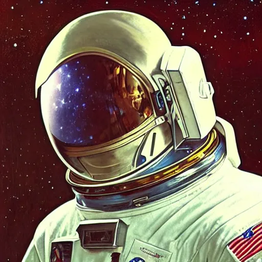 Image similar to a close up painting of an astronaut floating in space. his helmet visor is dark and reflective. you can see the reflection of the photographer in his helmet visor. by artgerm and greg rutkowski and alphonse mucha