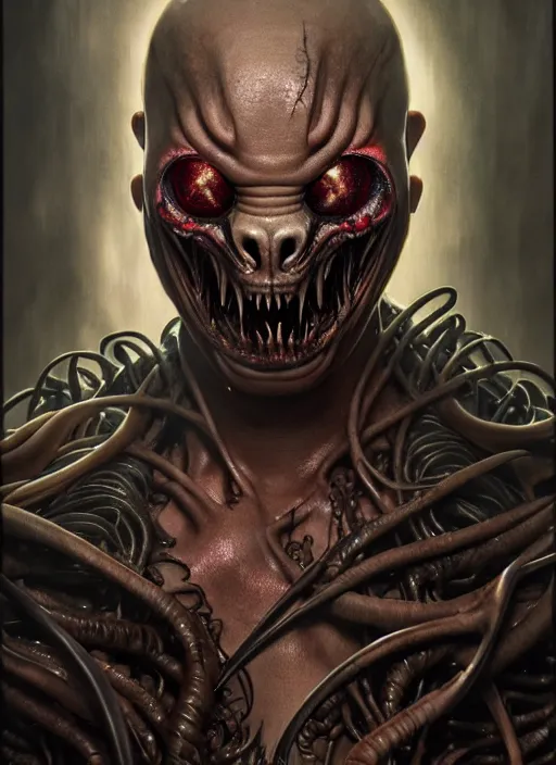 Image similar to ultra realistic, predator, male, fangs, goth, tattoos, leather, fantasy, flesh, bone, body horror, intricate details, eerie, highly detailed, octane render, 8 k, art by artgerm and alphonse mucha and greg rutkowski