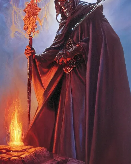 Image similar to portrait of Davis Hume as a powerful dungeons and dragons warlock, wearing dark robe, intricately detailed, realistic, oil painting, by jeff easley, boris vallejo, cinematic lighting