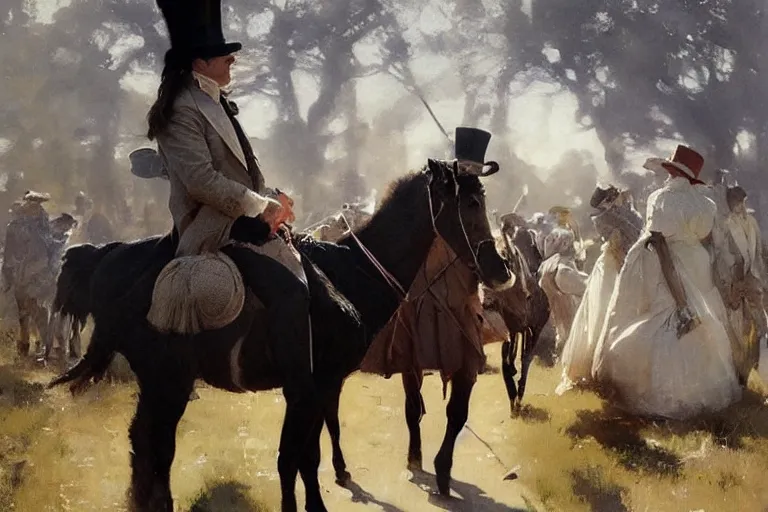 Image similar to portrait of a respectable dignified royal business elite politician wearing a top hat and coat tails riding on an emu, art by anders zorn, wonderful masterpiece by greg rutkowski, beautiful cinematic light, american romanticism by greg manchess, jessica rossier