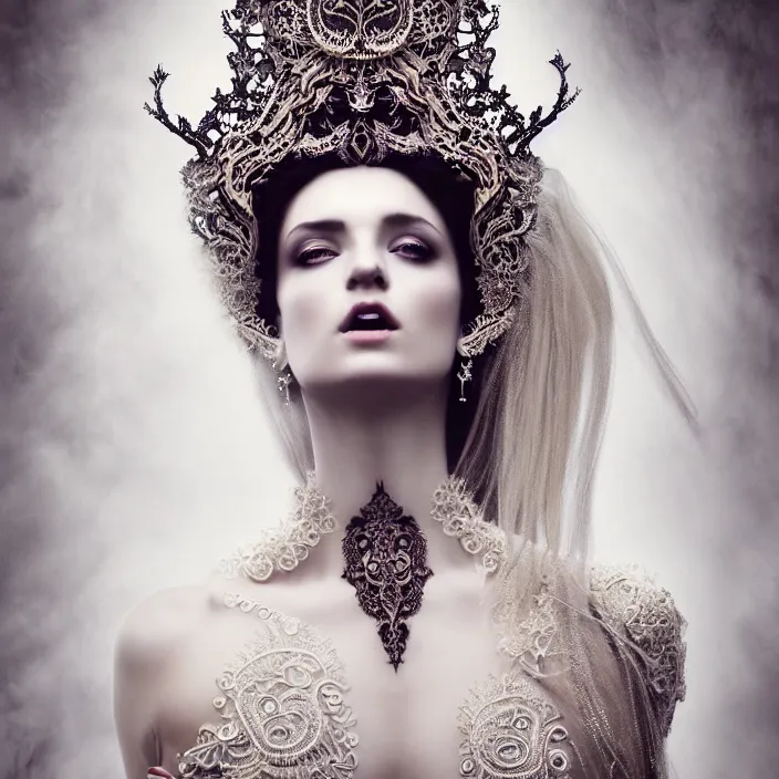 Prompt: photo portrait of a beautiful woman like a queen-dark fallen angel, dressed in long elegant intricate ornamental white dress, intricate fractal ornament in the bust with a very long neck , elegant, highly detailed intricate baroque ornament in her blond long hair, Realistic, Refined, Highly Detailed, Cinematic outdoor Lighting, fine art photography by Flora Borsi, volumetric lighting, pastel colors scheme , hyper realistic photography