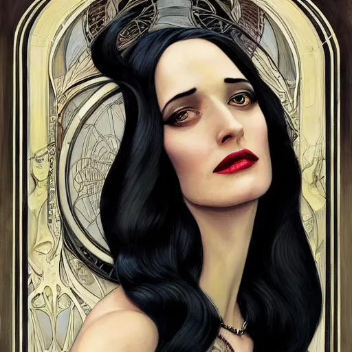 Image similar to a streamline moderne, art nouveau, multi - racial portrait of eva green in the style of charlie bowater, and in the style of donato giancola, and in the style of charles dulac. symmetry, ultrasharp focus, intricate symmetrical ultrafine streamline moderne background detail.