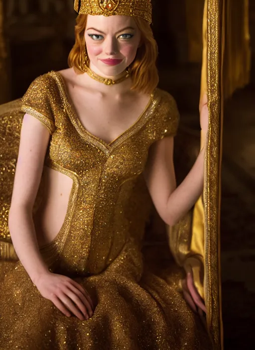 Image similar to portrait of emma stone as princess jasmine in persian palace, by charlotte grimm, natural light, detailed face, beautiful crossed hands,, canon eos c 3 0 0, ƒ 1. 8, 3 5 mm, 8 k, medium - format print, half body shot