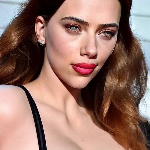 Image similar to a woman who is a genetic combination of kim kardashian and kat dennings and scarlett johansson and margot robbie and emma watson, face and upper - body focus, detailed eyes