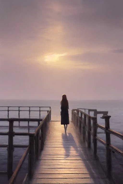 Image similar to painting of a woman standing at the end of a pier, she is visible from behind and from distance, the sea surrounding the pier is calm, soft evening light, volumetric lighting, style of greg rutkowski