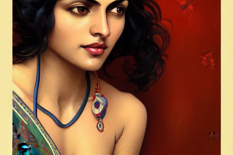 Image similar to sensual pale beautiful indian doctor in jeans, art deco portrait, elegant, intricate, digital painting, artstation, concept art, smooth, sharp focus, illustration, art by artgerm and greg rutkowski and alphonse mucha