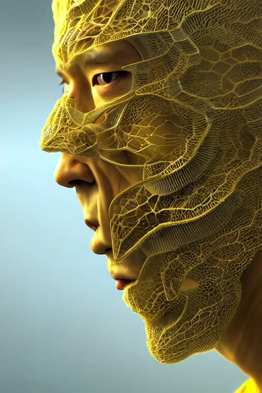 Image similar to hyperrealistic close-up translucent intricate exoskeleton!! sad chinese man covered highly detailed concept art eric zener elson peter cinematic side soft yellow light high angle hd 8k sharp shallow depth of field