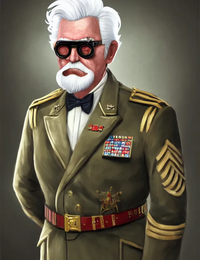 Prompt: a portrait of colonel sanders wearing a military uniform and an eyepatch, by moebius and tyler edlin and hr giger, trending on artstation, digital art, 4 k resolution, detailed, high quality, sharp focus, hq artwork, coherent, insane detail, concept art