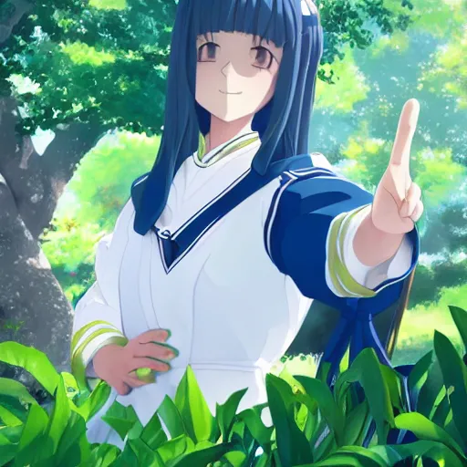 Prompt: Full body portrait of a woman wearing a sailor seifuku giving a peace sign in a lush green park, detailed, artstation, by Kyoto Animation and Studio Ghibli and GAINAX