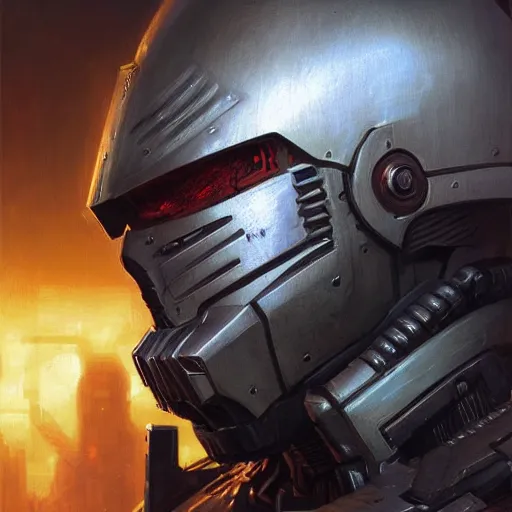 Image similar to the doomslayer as a realistic scifi cyberpunk knight, closeup portrait art by donato giancola and greg rutkowski, realistic face, digital art, trending on artstation, no helmet, symmetry!!!