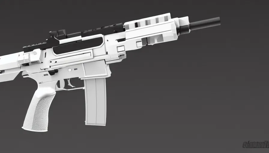 Image similar to extremely detailed ultra realistic side view photo sci fi minimalist coilgun rifle, detailed trigger, chemically propelled, electric, smooth streamline, elegant sleek smooth body, white paint, wires, railgun, chemrail, gauss, smooth utopian design, ultra high quality, octane, cod, destiny, warframe, terminator